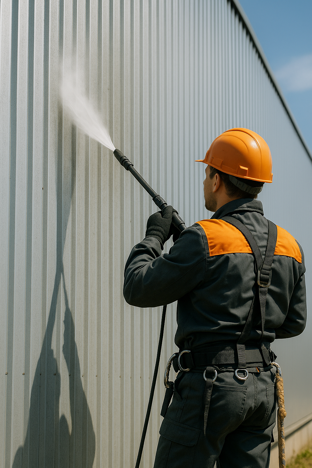 Agent en train de nettoyer un bardage métallique industriel